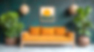 Yeşillik ve sanatsal duvar dekoruyla tamamlanmış canlı turuncu bir koltuğu olan büyüleyici bir yaşam alanı. Huzurlu iç mekanlar için mükemmel..