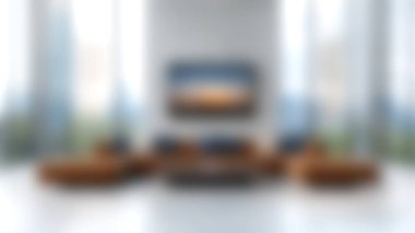 Kahverengi bir kanepe, şık bir sehpa ve geniş pencereli modern bir oturma odası. Büyüleyici bir günbatımı silueti sergiliyor. Rahatlamak için mükemmel bir ortam yaratıyor..