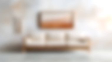 Bu resim, sıcak tonlarda soyut duvar sanatı ile tamamlanmış, rahat, açık renkli bir kanepenin yer aldığı modern bir minimalist oturma odasını sergiliyor ve rahatlatıcı bir ortam yaratıyor..