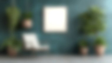 İçinde şık bir sandalye, sallanan bitkiler ve yeşil bir duvarda boş bir çerçeve olan sakin bir kapalı alan, sanat veya fotoğraf sergilemek için mükemmel..