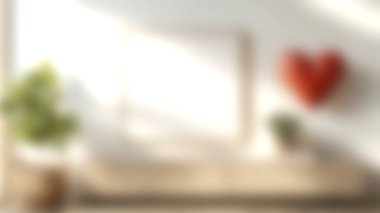 Parlak ve havadar modern oturma odası sahnesinde bir kalp balonu, saksı bitkisi ve boş bir çerçeve, sıcaklığı ve minimalist tasarımı sergilemek için ideal..