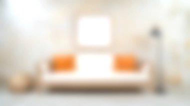 Turuncu yastıklı şık bir kanepenin olduğu şık bir oturma odası. Minimalist dekor tarafsız tonlara ve rahat bir atmosfere dikkat çekiyor. Modern evler için mükemmel..