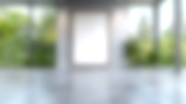 Gri zemin ve yemyeşil manzaralı geniş pencereli şık ve modern bir galeri, sanat eserleri veya fotoğrafçılık için ideal..