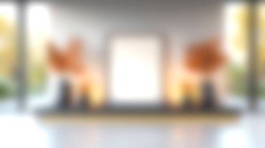 Boş bir çerçeve ve canlı sonbahar bitkilerinin yer aldığı modern bir iç mekan dekoratif güzellik ve çağdaş tasarım için mükemmel..