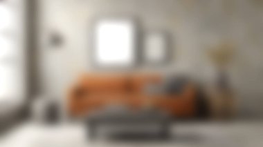 Turuncu kanepe, minimalist dekor ve doğal elementlerin yer aldığı şık, modern bir oturma odası. Konforlu uzayda sanatsal dokunuşlarla çağdaş tasarım sergileniyor.