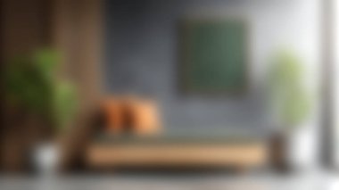 Yastıkları, yeşilliği ve boş bir duvar çerçevesi olan ahşap bir bankın yer aldığı şık ve modern bir iç mekan. Dekor ilhamı için ideal.