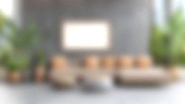 Zarif bir oturma odası. Yastıklı, bereketli iç mekan bitkileri ve doğal ışık ile çevrili, modern ev estetiği ve rahatlaması için mükemmel bir kanepe..