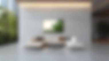 Beyaz bir kanepe, bereketli ev bitkileri ve şık duvar sanatının yer aldığı şık, modern bir minimalist oturma odası. Mekan rahatlamak için mükemmel bir atmosfer sunuyor..