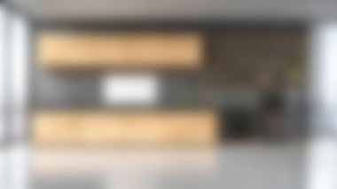 Bu resim, minimalizm ve işlevselliği vurgulayan parlak bir tasarım ile ahşap dolaplar ve raflardan oluşan modern bir mutfak içini gösteriyor..