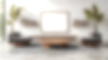 Gri kanepeler ve ahşap bir sehpanın olduğu modern bir minimalist oturma odası. Büyük kapalı bitkiler ve boş bir çerçeve huzurlu bir atmosfer yaratır. Tasarım ilhamı için ideal.