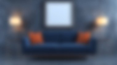 Zarif zemin lambalarıyla tamamlanmış turuncu yastıklarla süslenmiş mavi bir kanepenin olduğu şık bir oturma odası. Ahşap duvar sofistike bir ortam yaratarak rahatlama ve modern estetik için mükemmel bir ortam yaratıyor..