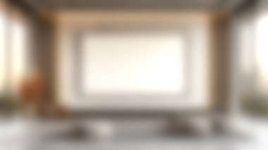 Geniş, minimalist bir oturma odası büyük, boş bir ekran, rahat mobilyalar ve şık bir dekor, rahatlama ve eğlence için mükemmel..