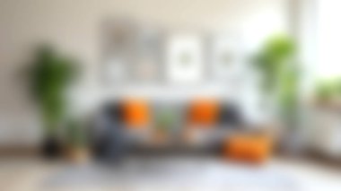 Parlak ve cezbedici bir modern oturma odası turuncu yastıklarla süslenmiş rahat gri bir kanepe, sanatsal duvar çerçeveleri, ve rahat estetiği geliştiren yemyeşil bitkiler..