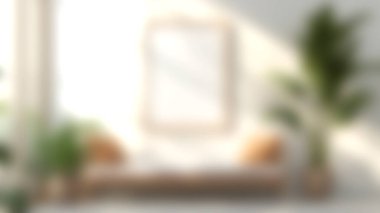 İç mekanda minimalist bir bank, şık bitkiler ve boş bir çerçeve gösteren sakin bir sahne, sükuneti ve sıcaklığı evinizin dekoruna davet ediyor..