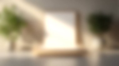 Bu minimalist ekran, yemyeşil bitkilerle tamamlanmış, ahşap çerçeveli boş bir tuval içerir. Güneş ışığı sanatsal ilham için ideal, davetkar ve sakin bir atmosfer yaratır..