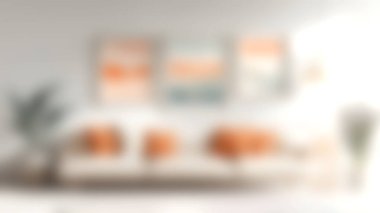 Dekoratif yastıklarla süslenmiş, soyut duvar sanatı ve bereketli ev bitkileriyle tamamlanmış, şık ve davetkar bir atmosfer yaratan, rahat, nötr bir kanepenin bulunduğu modern bir oturma odası..