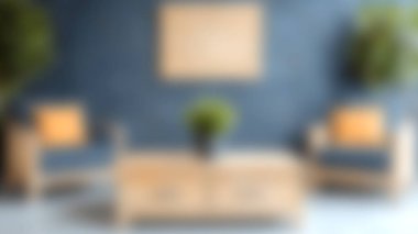 Ahşap mobilyalar, yeşil bitkiler ve rahat yastıkların bulunduğu şık bir oturma odası. Şık bir dekor her modern ev için sıcak ve davetkar bir atmosfer yaratır..