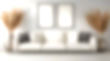 Dekoratif bitkiler, boş çerçeveler ve yumuşak yastıklarla eşleştirilmiş şık bir kanepe sergilenen modern bir oturma odası sahnesi. Temiz tasarım, sıcak tonlar ve minimalist dekor çağdaş evler için mükemmel, davetkar ve huzurlu bir atmosfer yaratıyor..