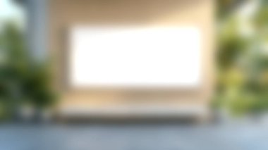 Yeşillik ve modern oturma yerleriyle çevrili ahşap bir duvara karşı boş bir çerçeve içeren sakin bir açık alan. Rahatlamak ya da göstermek için mükemmel.