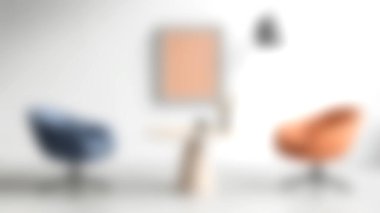 Renkli sandalyelerin, minimalist bir masanın ve şık dekorun olduğu modern bir yaşam alanı. Çağdaş iç tasarımı göstermek için mükemmel.