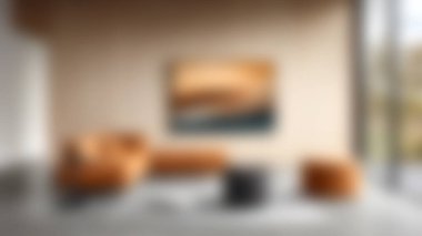 Portakal rengi mobilyalar ve soyut duvar sanatının yer aldığı şık, modern bir oturma odası, minimalist estetik ve doğal ışıkla harmanlanmış bir ortam..
