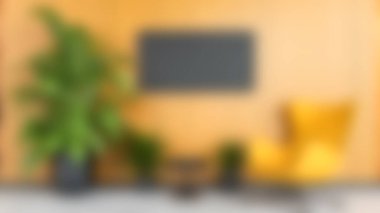 Bu resimde parlak sarı bir sandalye, yemyeşil bitkiler ve sıcak ahşap bir zemine karşı parlak bir televizyonun yer aldığı modern bir oturma odası sergilenmektedir. Tasarım için mükemmel..