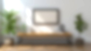 Ahşap bir bank, dekoratif bitkiler ve tarafsız bir duvara dayalı boş bir çerçevenin yer aldığı parlak ve cezbedici modern bir iç mekan. Minimalizm meraklıları için mükemmel..