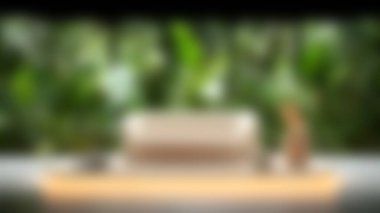 Pürüzsüz ve şık bir minimalist kanepe ahşap bir platformda durmakta, canlı yeşilliklerle kucaklanarak sakin ve davetkar bir atmosfer yaratmaktadır..