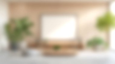 Doğal elementlerle donatılmış minimalist bir tasarıma sahip sakin, modern bir oturma odası. Bu alan bereketli bitkiler, ahşap mobilyalar ve sanatsal ifade için büyük boş bir tuval içerir..