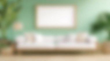 Parlak ve davetkar bir oturma odası, yeşil bir duvarın karşısında modern bir minimalist kanepe, bitkiler ve zarif dekorlarla süslenmiş. Şık ev tasarımları için mükemmel..