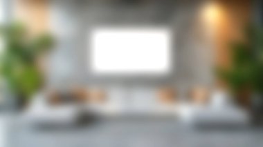 Geniş, açık renkli bir kanepe, boş bir tuval ve yemyeşil bir ortam sunan modern bir minimalist oturma odası dinlenmek için davetkar ve şık bir ortam yaratıyor..