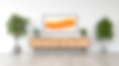 Parlak ve modern oturma odasında, ahşap mobilyalar, duvar sanatı ve serin ve şık bir atmosfer için bereketli bitkiler var. İç mekan için mükemmel..