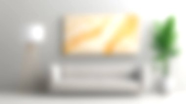 Modern bir oturma odası şık bir kanepe, minimalist bir lamba, sarı çizimler ve canlı bir ev bitkisi. Bu tasarım hoş bir ortam yaratıyor..