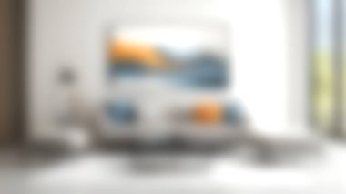 Modern bir kanepe, soyut duvar sanatı ve rahat bir atmosferi olan şık bir oturma odası. Tasarım doğal ışık ve nötr tonları vurguluyor, rahatlamak için mükemmel..