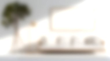 Parlak ve davetkar oturma odasında modern bir kanepe, şık bir lamba ve doğal ışıkla güçlendirilmiş yeşil bir ortam sergileniyor..