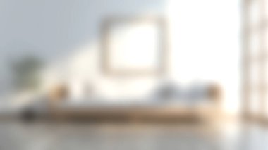 Parlak ve havadar minimalist oturma odası modern ahşap bir kanepe, boş bir çerçeve ve dekoratif bitki sergiliyor. İlham ve tasarım fikirleri için mükemmel..