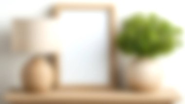 İki ahşap lamba, canlı bir bitki ve boş bir çerçeve içeren şık ve minimalist bir dekor düzenlemesi, çağdaş bir ortamda kişisel dokunuşlar sergilemek için mükemmel..