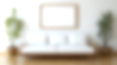 Modern bir minimalist oturma odası şık beyaz bir kanepe dekoratif bitkiler ve parlak bir atmosfer içeriyor. Çağdaş ev dekorasyonu için ideal.