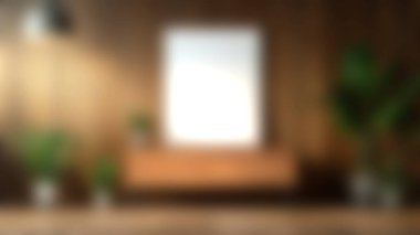 Ahşap duvar, şık mobilyalar ve sergilenen sanat veya dekorasyon için ideal yeşillik içeren parlak ve cezbedici modern iç mekan, sakin bir atmosfer yaratır..