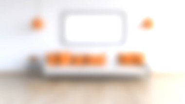 Parlak ve davetkar oturma odasında turuncu aksanlı şık bir kanepe sergileniyor. Minimalist tasarım rahatlamak için ideal rahat bir atmosfer yaratır..