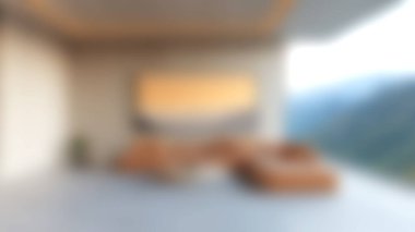 Bu resim, balkonda rahat, modern bir oturma odasını, nefes kesici dağ manzaralı şık bir kanepeyi sergiliyor, davetkar bir atmosfer yaratıyor..