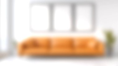 Parlak turuncu bir kanepenin bulunduğu rahat, modern bir oturma odası davetkar bir atmosfer yaratıyor. Doğal ışık şık dekoru geliştirir. Rahatlamak ve rahatlamak için mükemmel..