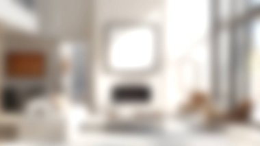 Parlak, modern bir oturma odasında minimalist tasarım ve doğal ışıkla geliştirilmiş rahat mobilyalar sergileniyor. Geniş alan zarif dekorla rahatlatıcı bir atmosfer sağlıyor..