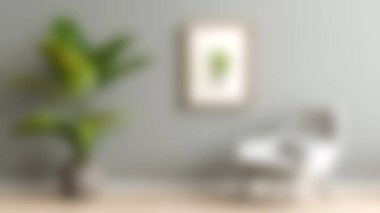 Şık bir oturma odası sahnesi sanatsal bir çerçevenin altında rahat bir sandalyenin yanında yeşil bir bitki sergiliyor. Modern ev dekorasyonu için mükemmel..