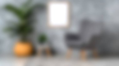 İçinde gri bir koltuk, canlı bir saksı bitkisi ve boş çerçeveli bir duvarın bulunduğu rahat, modern bir yaşam alanı. Bu ortam rahatlamayı ve estetik güzelliği davet ediyor..