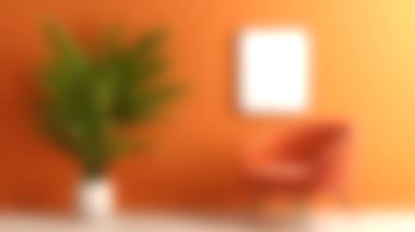 Canlı turuncu bir duvarı, şık bir koltuğu ve yemyeşil bitkisi olan rahat, modern bir oturma odası. Yumuşak odak sıcak bir dokunuş ekliyor, sakin bir atmosfer yaratıyor..