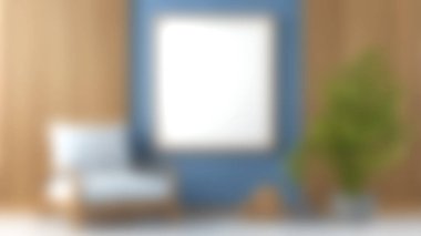 Rahat bir sandalye, bir bitki ve mavi bir duvarda boş bir tuval içeren huzurlu ve rahat bir modern oturma odası. İç mimari ilham için ideal..