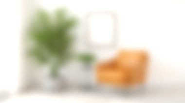 Parlak ve modern bir iç mekan, büyük yeşil bir bitkinin yanında şık turuncu bir sandalye, herhangi bir ev dekorunda rahat ve davetkar bir atmosfer için mükemmel..