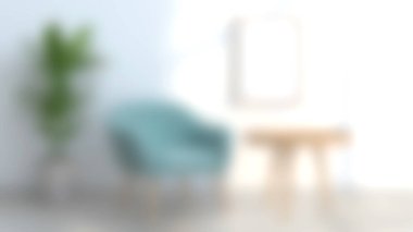 Parlak ve cezbedici modern oturma odası rahat bir sandalye, basit bir masa ve rahat ve şık bir ortam için mükemmel yeşil bir bitki..