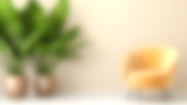 Bu resim, sarı bir sandalye ve canlı yeşil bitkilerin bulunduğu rahat bir iç mekan sergiliyor, hepsi yumuşak bej bir arka plana karşı, davetkar bir atmosfer yaratıyor..